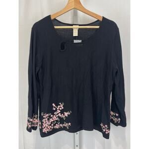 NWT J. JILL Floral Embroidered Keyhole Pullover Sweater Black Pink Size L